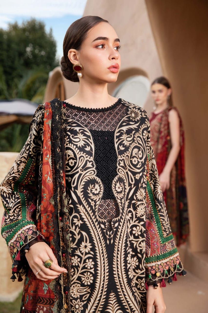 EL-MB466 Unstitched Digital Printed Lawn Suit 3pc With Voil Lawn Digital Printed Dupatta & Embroidered Patches - ELAFF