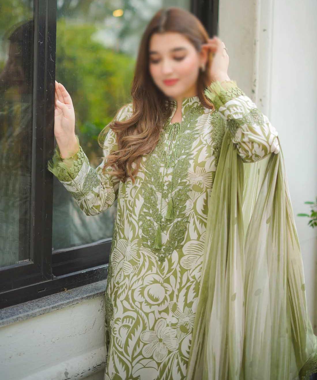EL-AS297 Unstitched Printed Lawn 3pc Suit With Chiffon Embroidered Dupatta