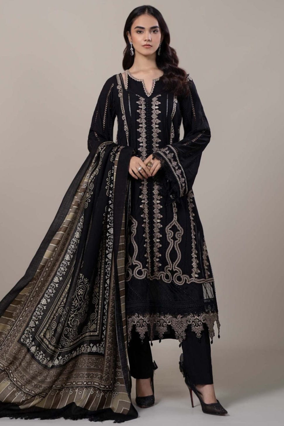 EL-49 Unstitched Embroidered Dhanak Suit With Embroidered Dhanak Shawl - ELAFF