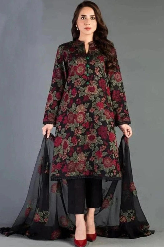 EL-BR345 Lawn Unstitched Embroidered 3pc Suit With Embroidered Chiffon Dupatta - ELAFF