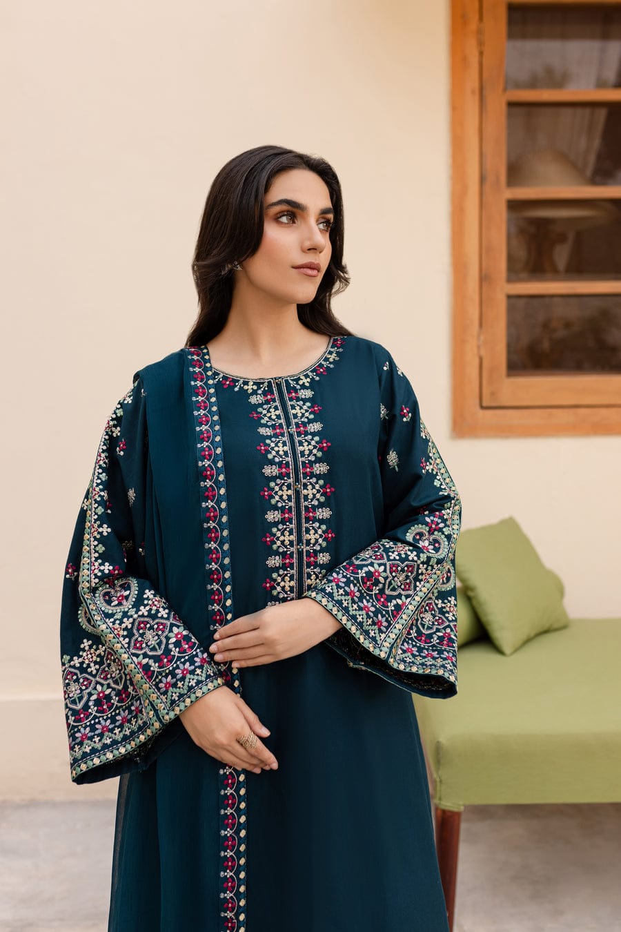 EL-LM585 Unstitched Embroidered Dhanak Suit 3pc With Embroidered Dhanak Shawl - ELAFF