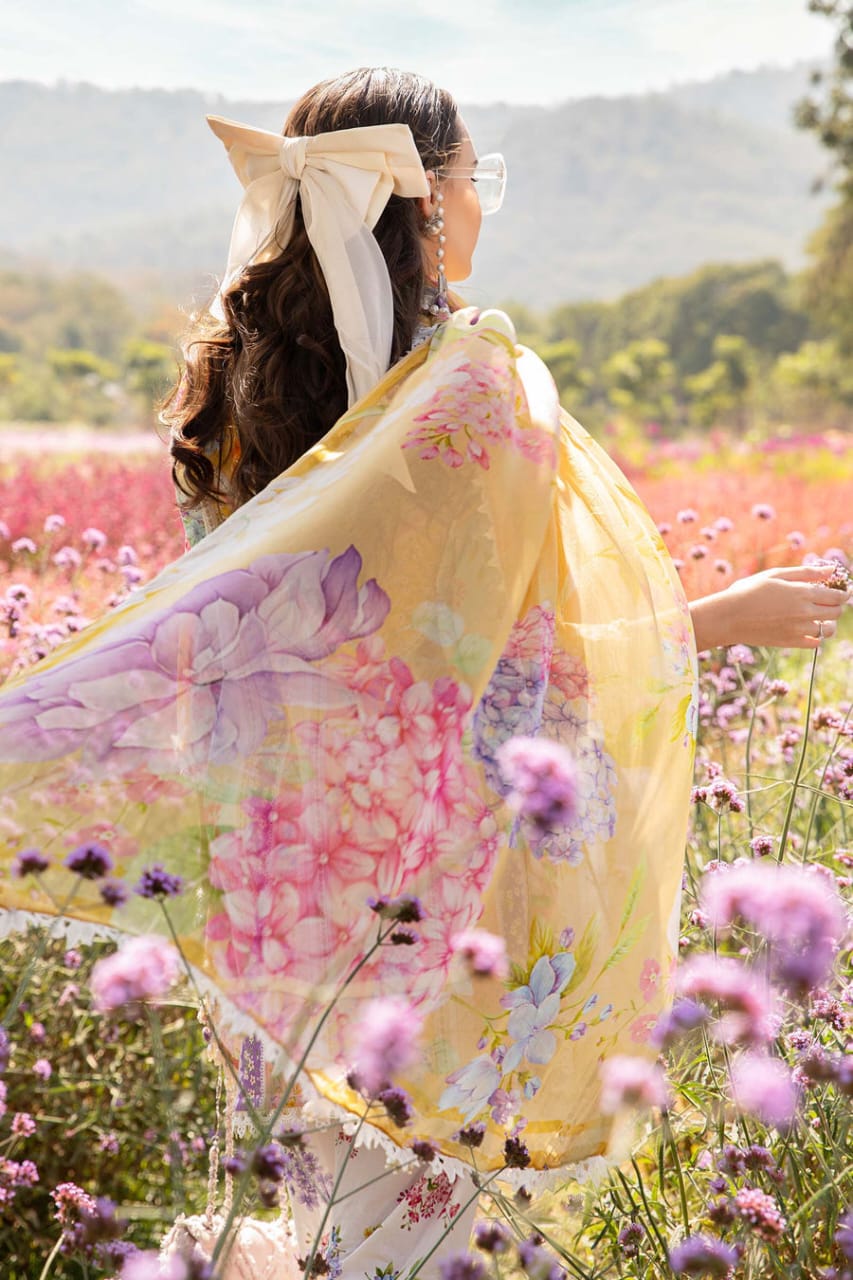 EL-MB464 Unstitched Digital Printed Lawn Suit 3pc With Voil Lawn Digital Printed Dupatta & Embroidered Patches - ELAFF