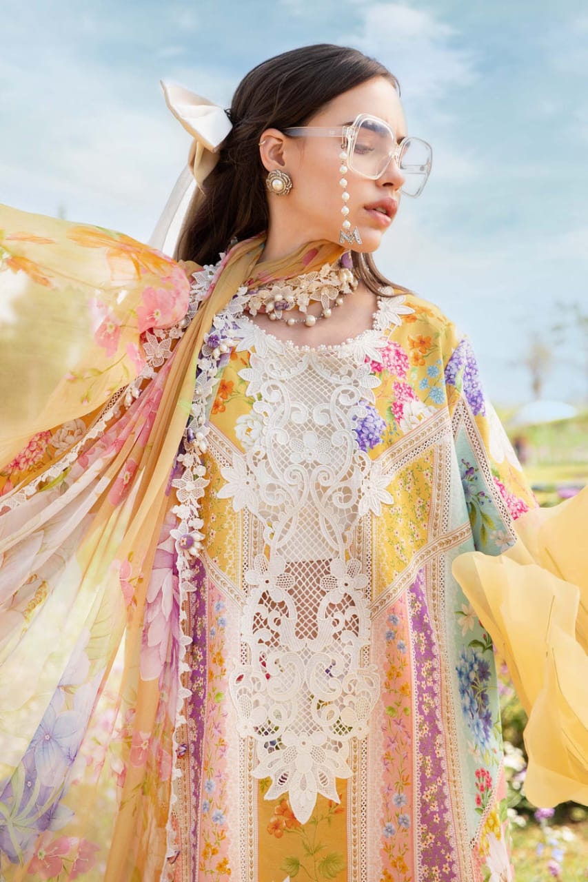 EL-MB464 Unstitched Digital Printed Lawn Suit 3pc With Voil Lawn Digital Printed Dupatta & Embroidered Patches - ELAFF