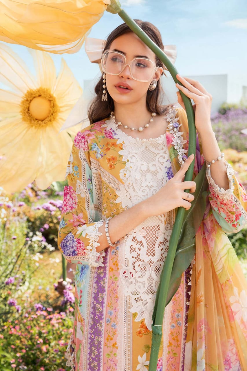 EL-MB464 Unstitched Digital Printed Lawn Suit 3pc With Voil Lawn Digital Printed Dupatta & Embroidered Patches - ELAFF