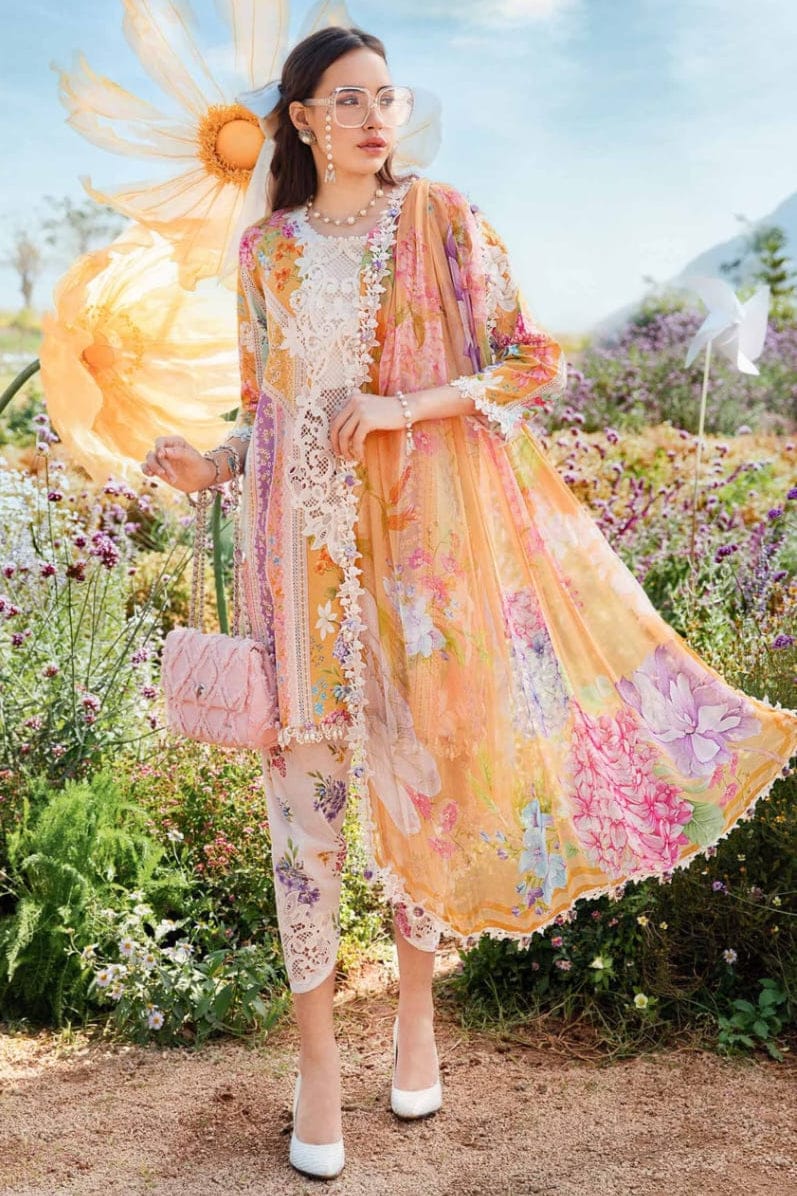 EL-MB464 Unstitched Digital Printed Lawn Suit 3pc With Voil Lawn Digital Printed Dupatta & Embroidered Patches - ELAFF