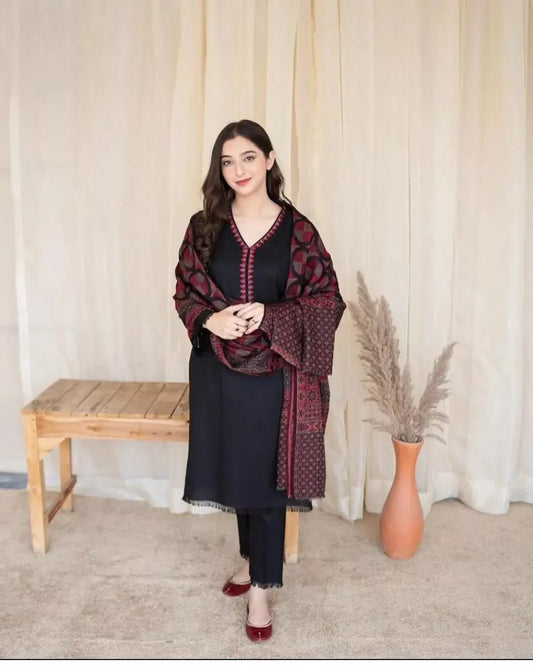 EL-BC835 3Pc Unstitched Dhanak Suit with Printed Woolen Shawl - ELAFF