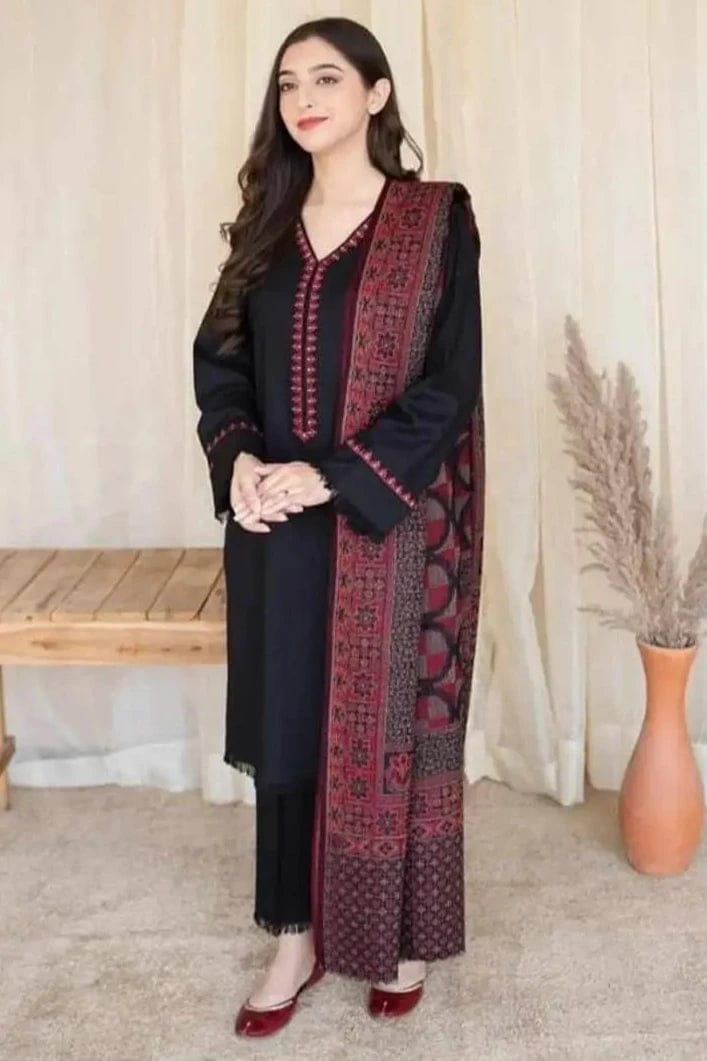 EL-BC835 3Pc Unstitched Dhanak Suit with Printed Woolen Shawl - ELAFF