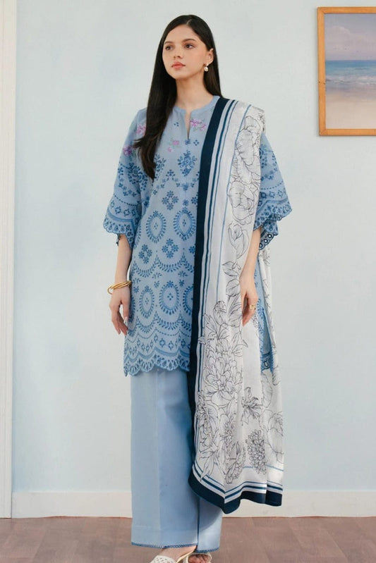 EL-CO2610 Lawn Unstitched Chikenkari Embroidered 3pc Suit With Cotton Lawn Dupatta - ELAFF