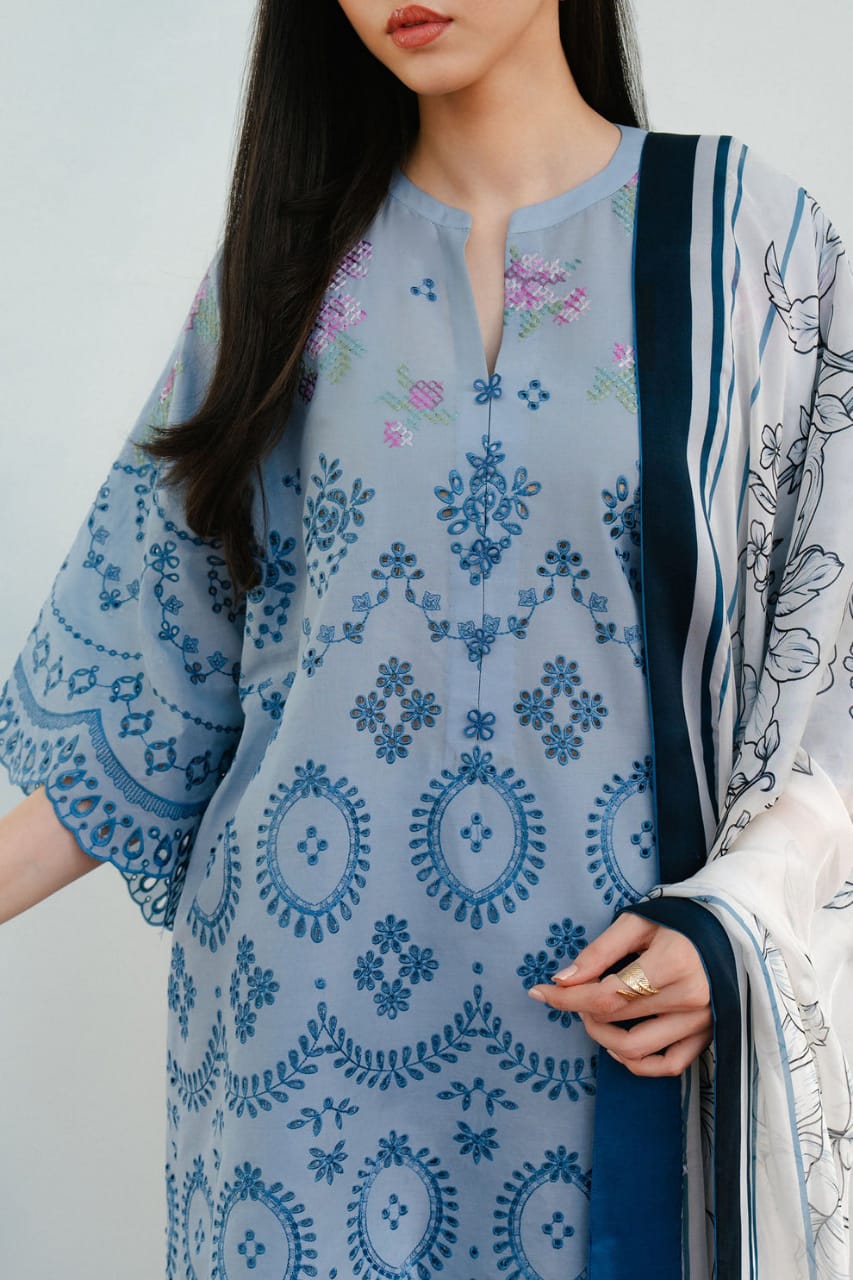 EL-CO2610 Lawn Unstitched Chikenkari Embroidered 3pc Suit With Cotton Lawn Dupatta - ELAFF