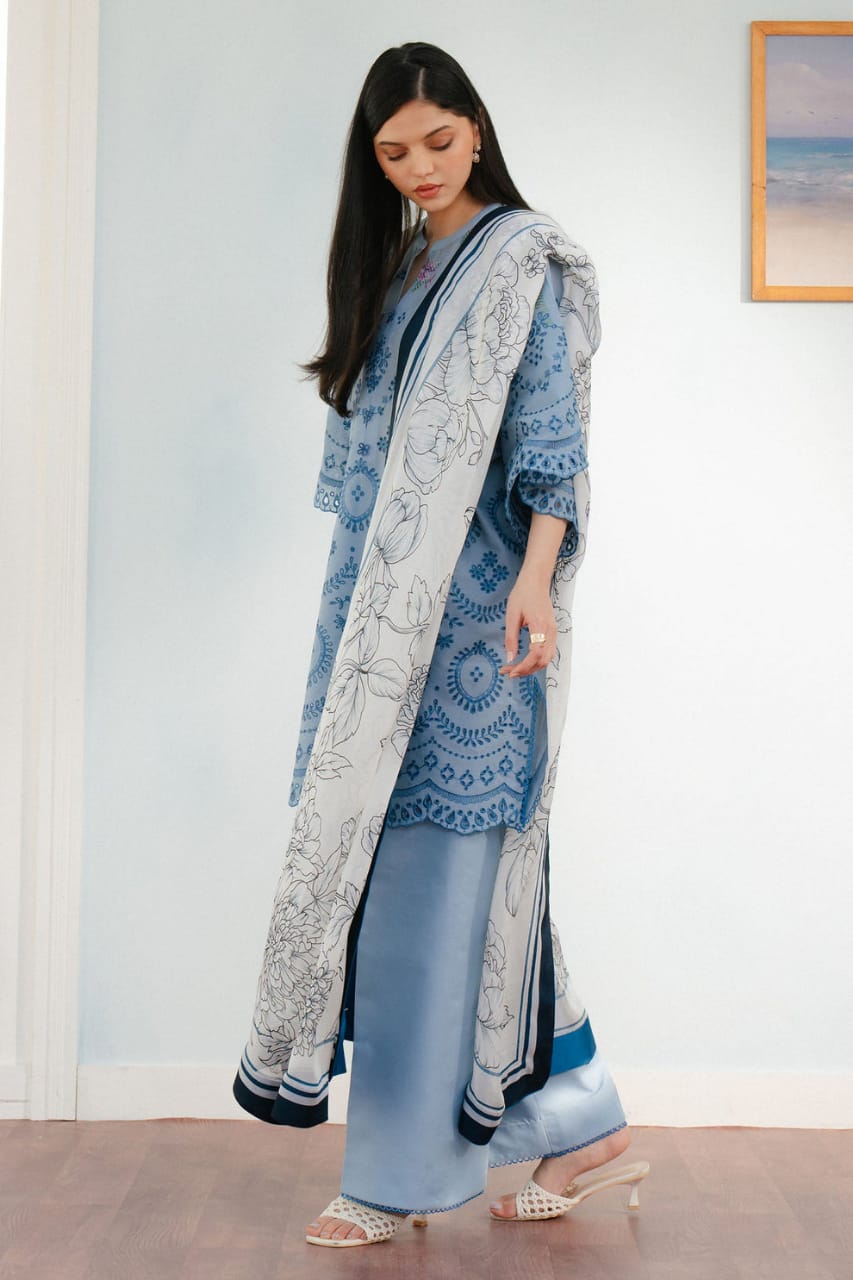 EL-CO2610 Lawn Unstitched Chikenkari Embroidered 3pc Suit With Cotton Lawn Dupatta - ELAFF