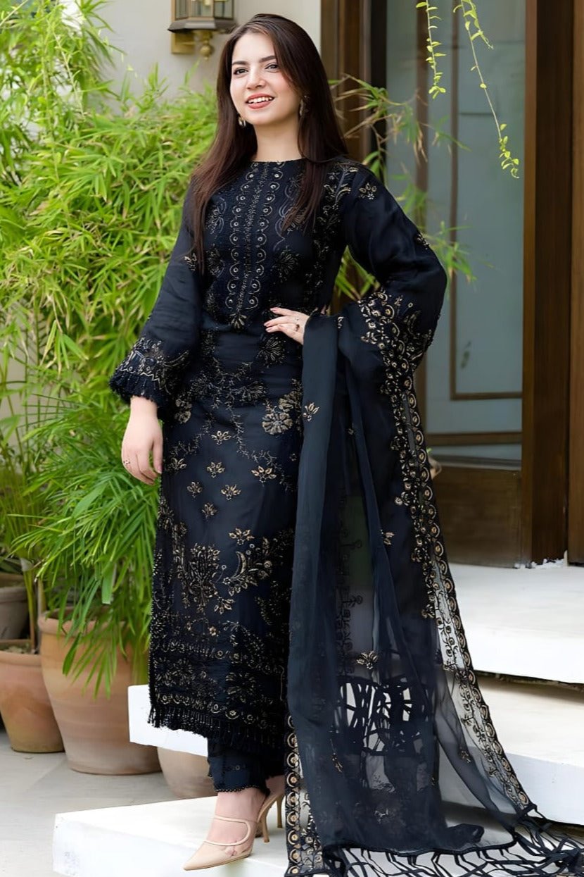 EL-NS32 Un-Stitched Lawn Embroidered 3pc With Organza Embroidered Dupatta - ELAFF