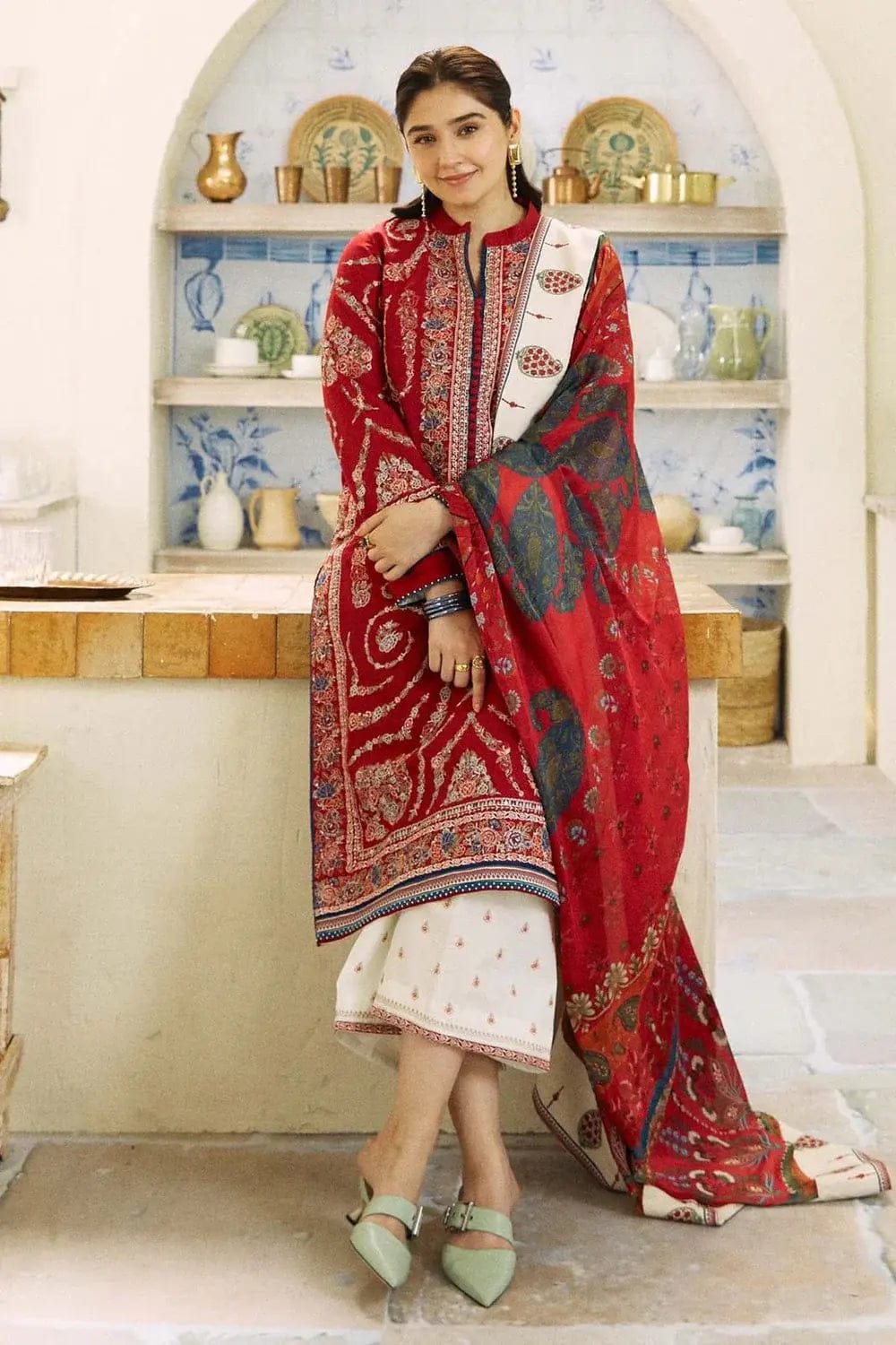 EL-ZS55 Unstitched Fully Embroided Dhanak Suit With Wool Shawl - ELAFF