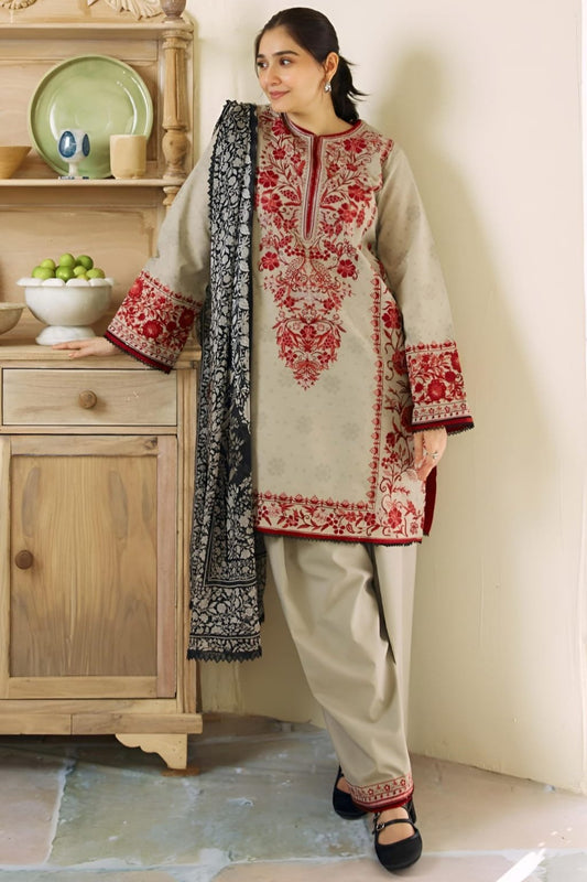 EL-57 Unstitched Fully Embroided Dhanak Suit With Wool Shawl - ELAFF