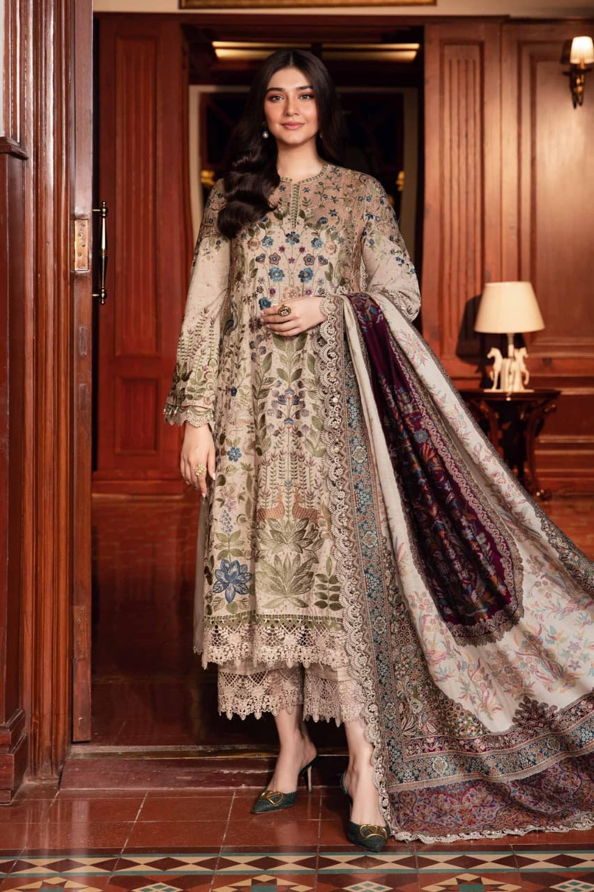 EL-MB555 Dhanak Embroidered Suit With Digital Printed Woolen Shawl - ELAFF