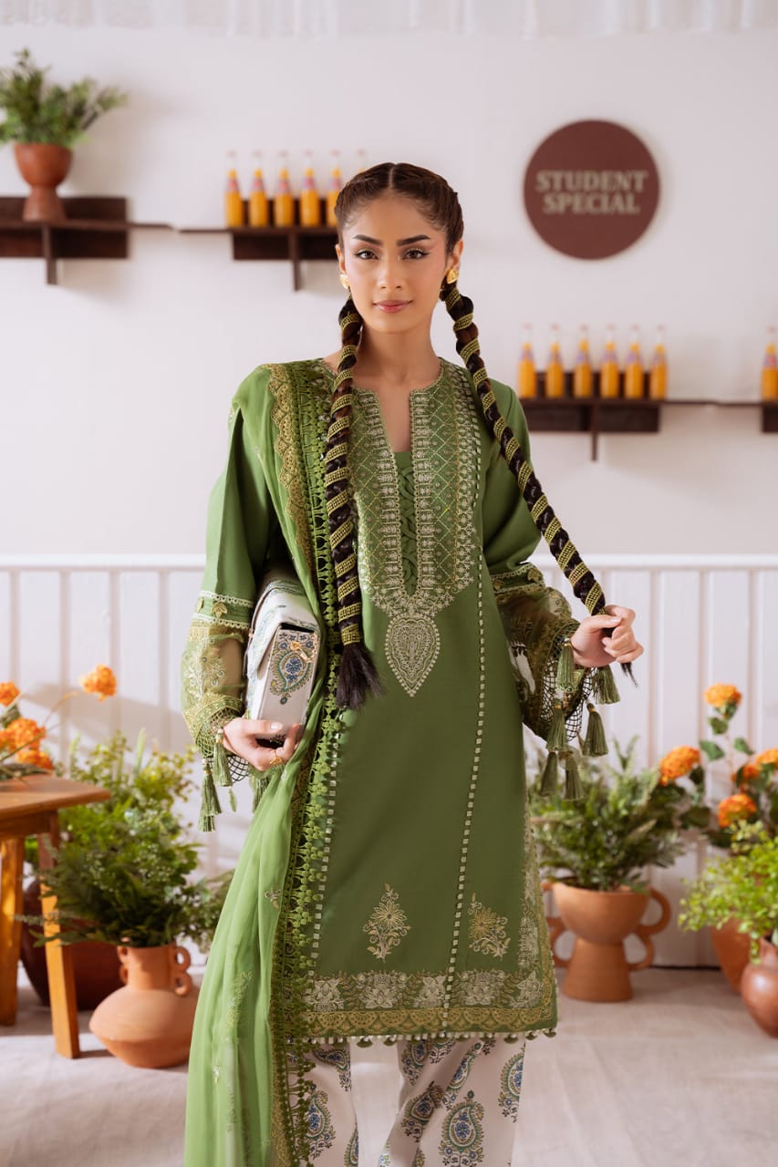 EL-CO514A Unstitched Embroidered Lawn Suit With Embroidered Cotton Net Dupatta - ELAFF