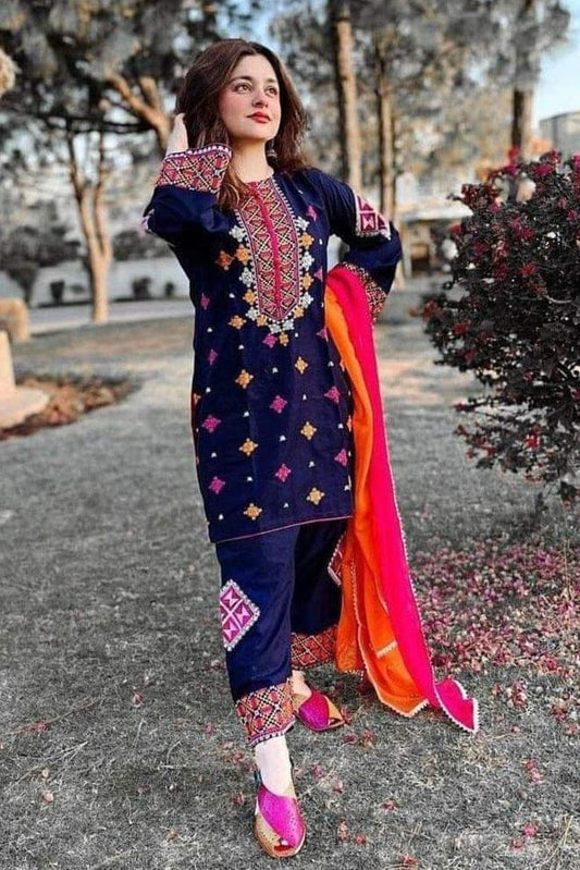 EL-BR1275 Lawn Unstitched Embroidered 3pc Suit With Embroidered Chiffon Dupatta - ELAFF