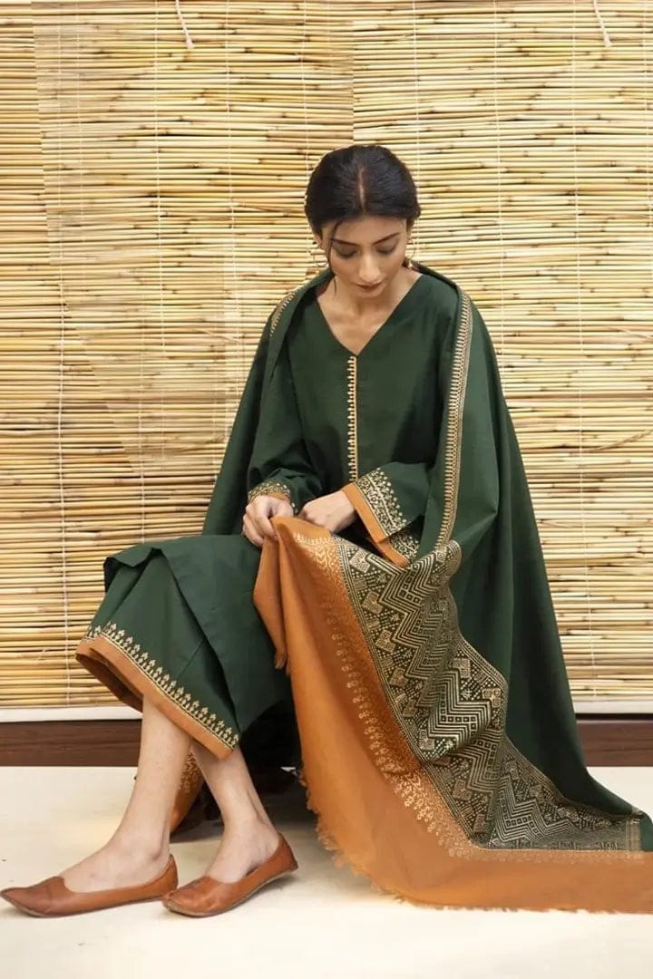 EL-1075 3Pc Unstitched Dhanak Suit with Printed Woolen Shawl - ELAFF