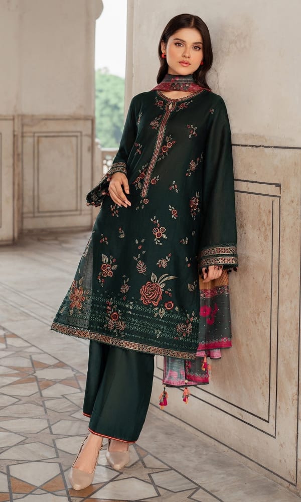 EL-JZ580 Dhanak Embroidered Suit With Digital Printed Woolen Shawl - ELAFF