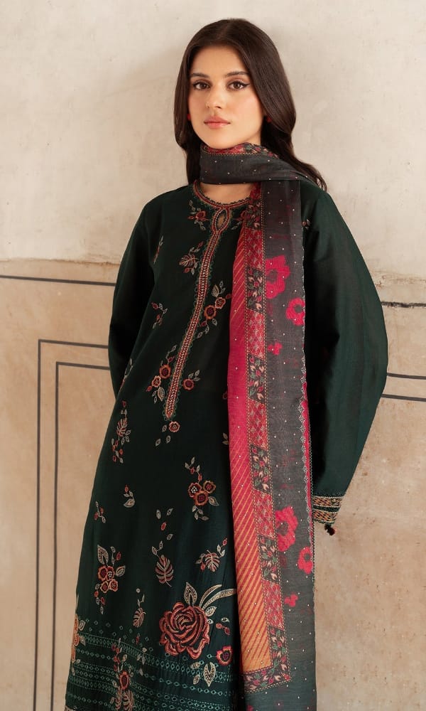 EL-JZ580 Dhanak Embroidered Suit With Digital Printed Woolen Shawl - ELAFF