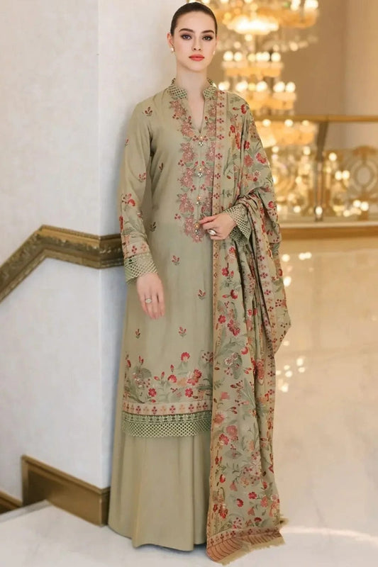 EL-955 Unstitched Embroidered Dhanak Wool Suit With Embroidered Dhanak Shawl - ELAFF