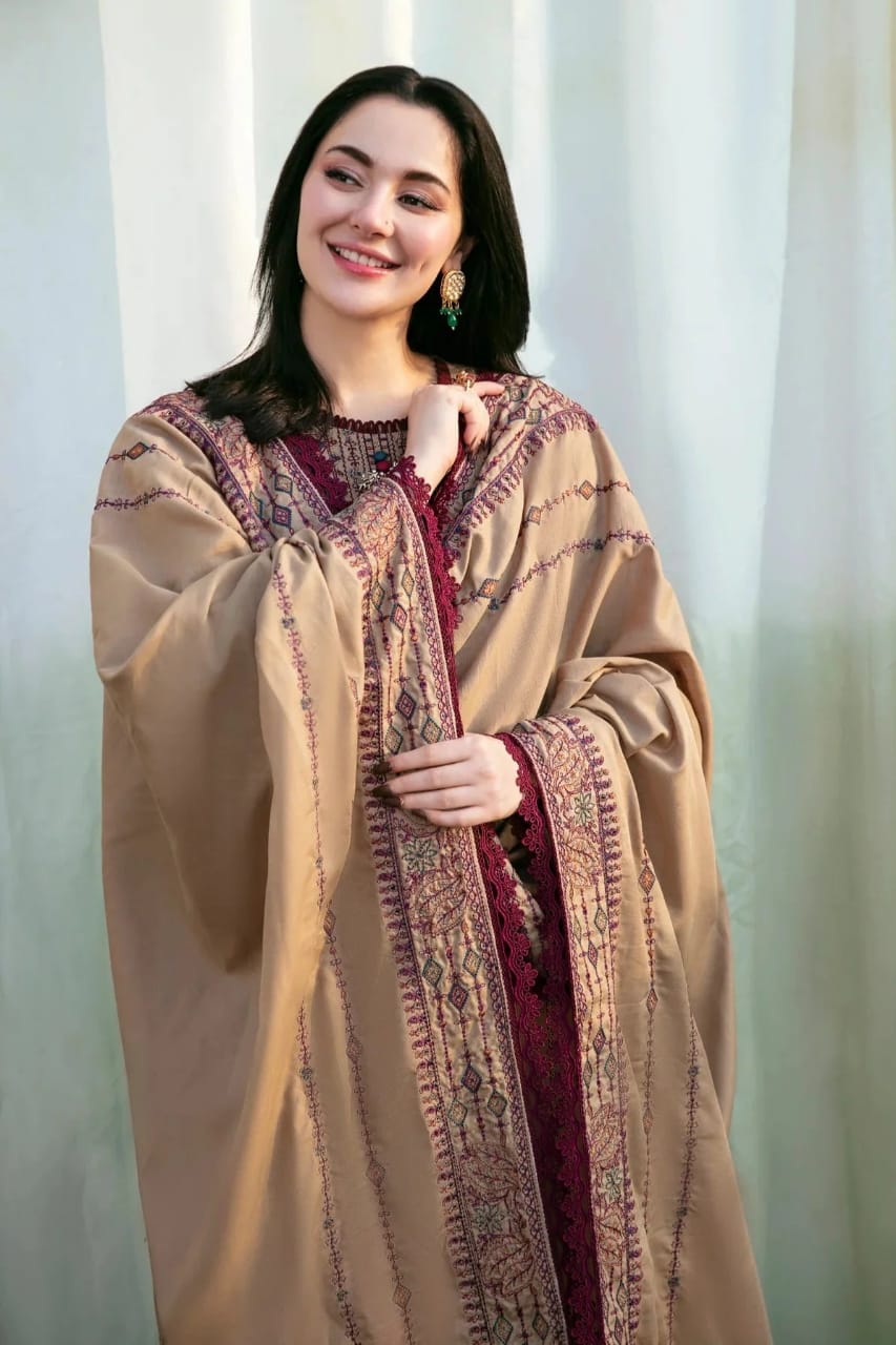 EL-FL895 Unstitched Heavy Embroidered Dhanak Suit With Embroidered Dhanak Shawl - ELAFF
