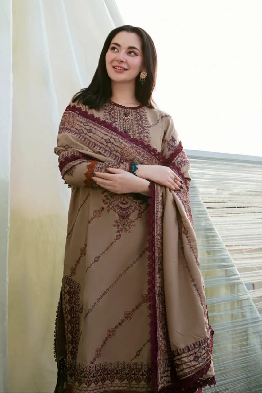 EL-FL895 Unstitched Heavy Embroidered Dhanak Suit With Embroidered Dhanak Shawl - ELAFF