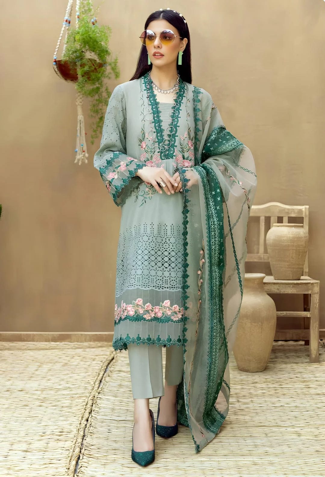 EL-LM16 Lawn Unstitched Embroidered 3pc Suit With Organza Embroidered Dupatta - ELAFF