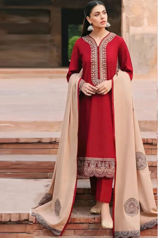 EL-ZK970 Unstitched Embroidered Dhanak Suit With Embroidered Dhanak Shawl - ELAFF