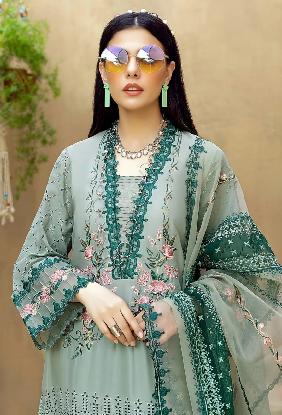 EL-LM16 Lawn Unstitched Embroidered 3pc Suit With Organza Embroidered Dupatta - ELAFF