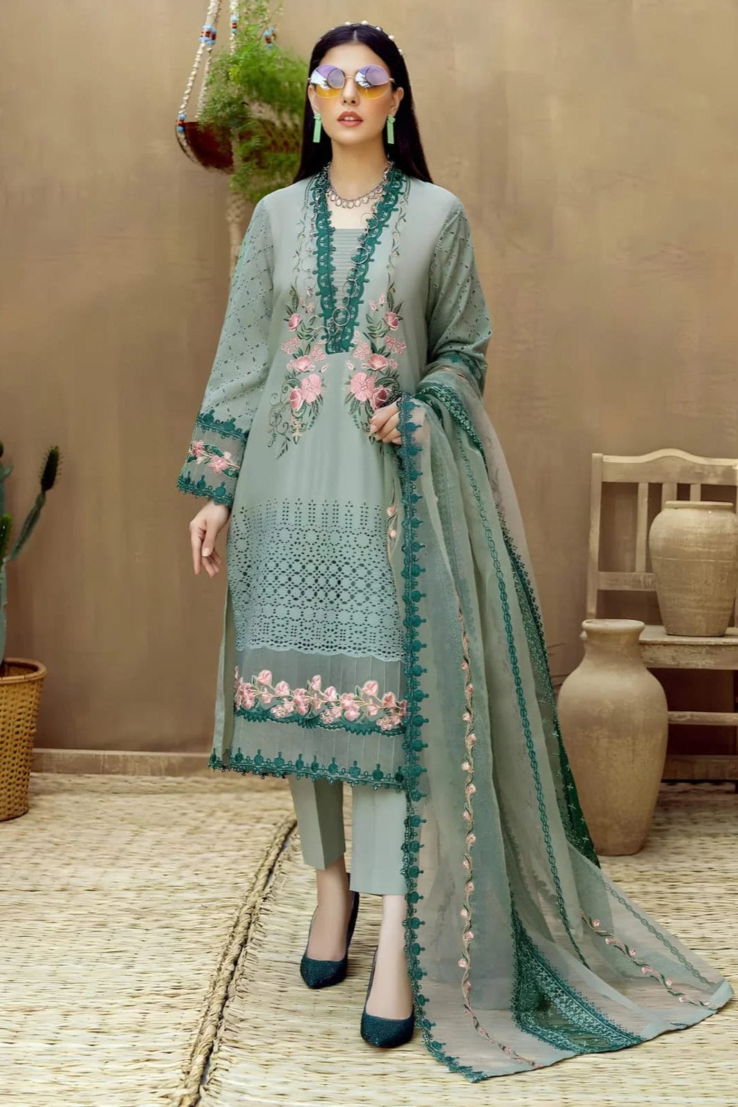 EL-LM16 Lawn Unstitched Embroidered 3pc Suit With Organza Embroidered Dupatta - ELAFF
