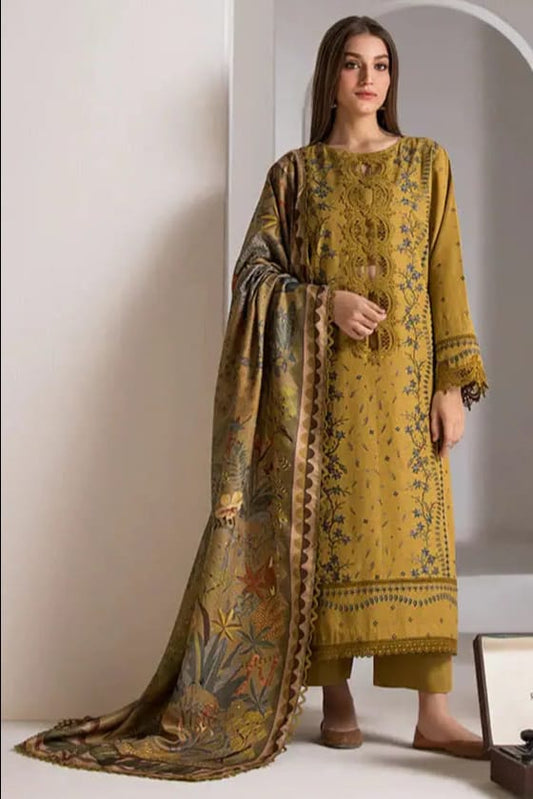 EL-SN59 Dhanak Embroidered Suit With Digital Printed Wool Shawl - ELAFF