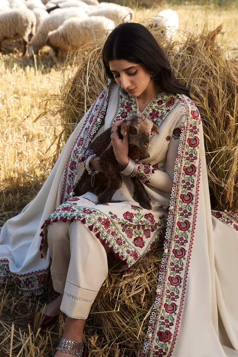 EL-AJ630 Unstitched Heavy Embroidered Dhanak Suit With Embroidered Dhanak Shawl - ELAFF