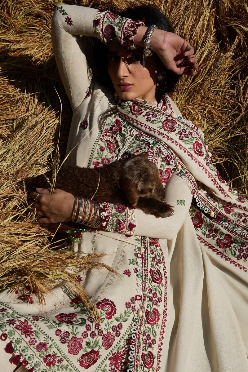 EL-AJ630 Unstitched Heavy Embroidered Dhanak Suit With Embroidered Dhanak Shawl - ELAFF