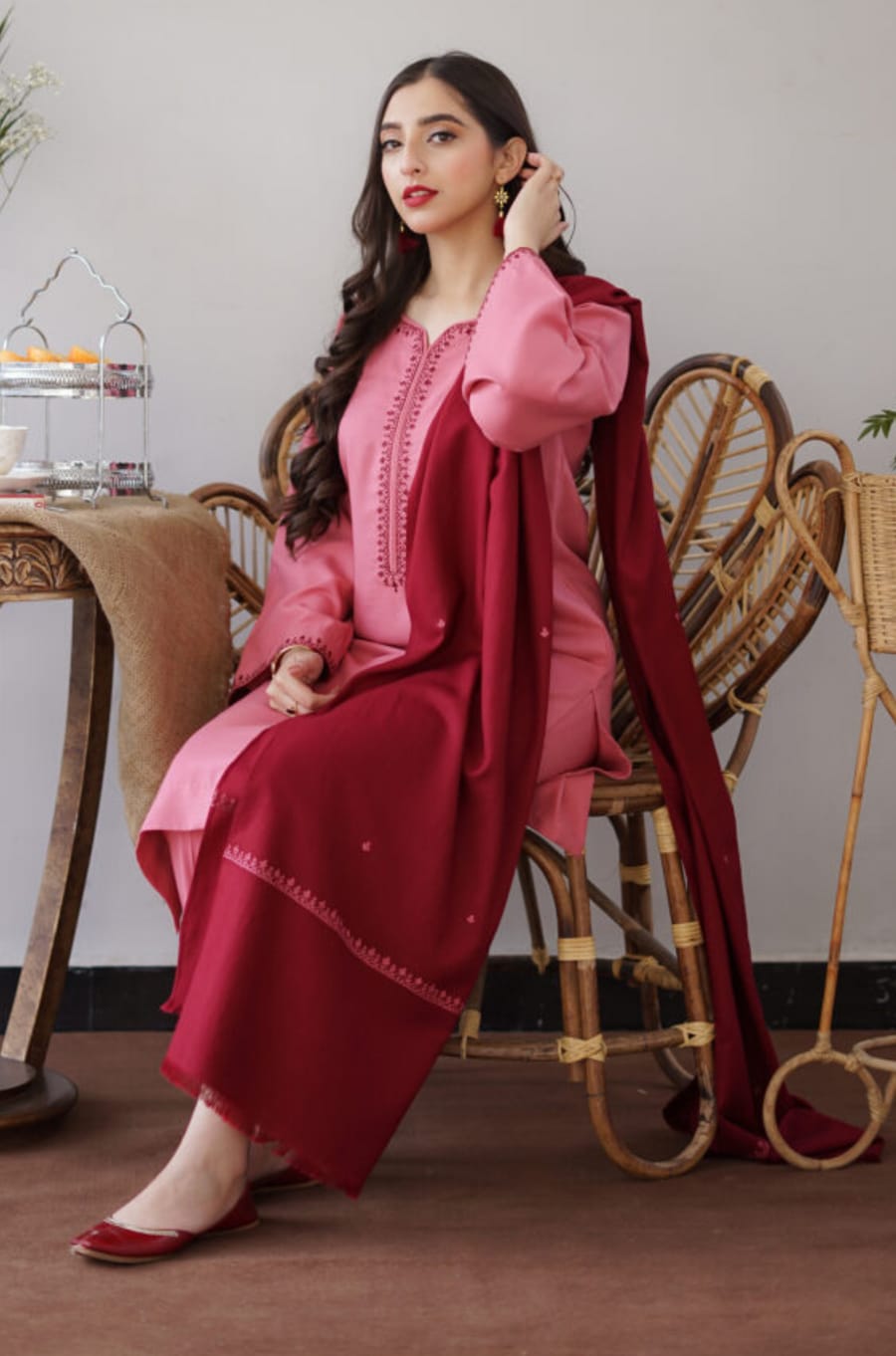 EL-AS15 Unstitched Fully Embroidered Dhanak Suit With Dhanak Shawl - ELAFF