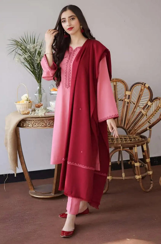 EL-AS15 Unstitched Fully Embroidered Dhanak Suit With Dhanak Shawl - ELAFF
