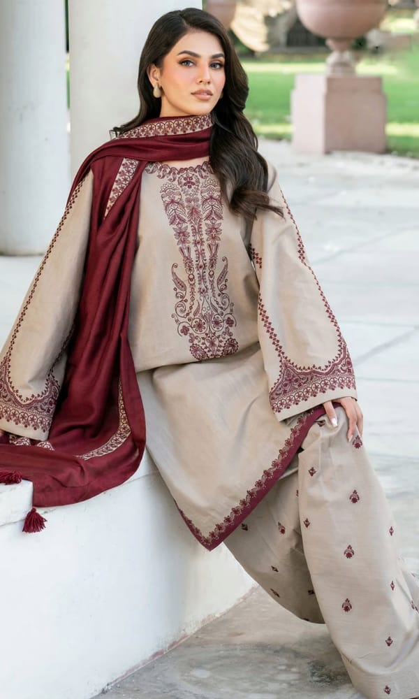 EL-KD910 Unstitched Heavy Embroidered Dhanak Suit With Embroidered Dhanak Shawl - ELAFF