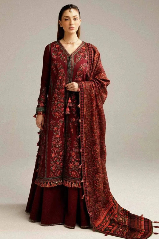 EL-730 Dhanak Embroidered Suit With Digital Printed Wool Shawl - ELAFF