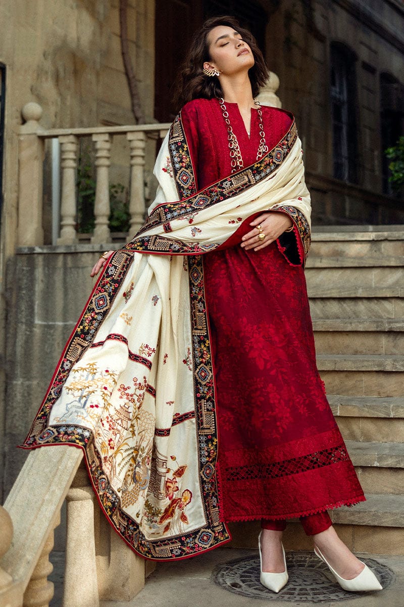EL-MQ560 Dhanak Embroidered Suit with Dhanak Embroidered Shawl - ELAFF
