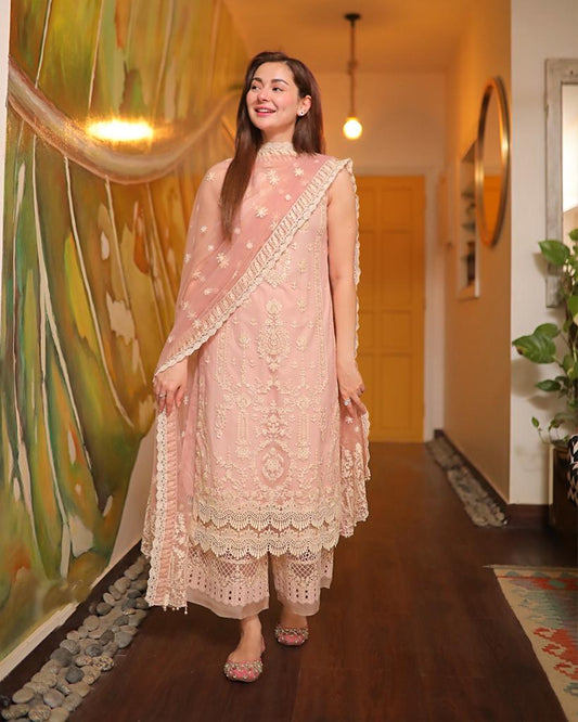 EL-LM54 3Pc Unstitched Embroidered Lawn Suit With Organza Embroidered Dupatta - ELAFF
