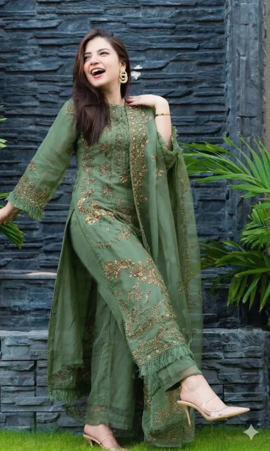 EL-1100 Sage Green Un-Stitched Lawn Embroidered 3pc With Organza Embroidered Dupatta