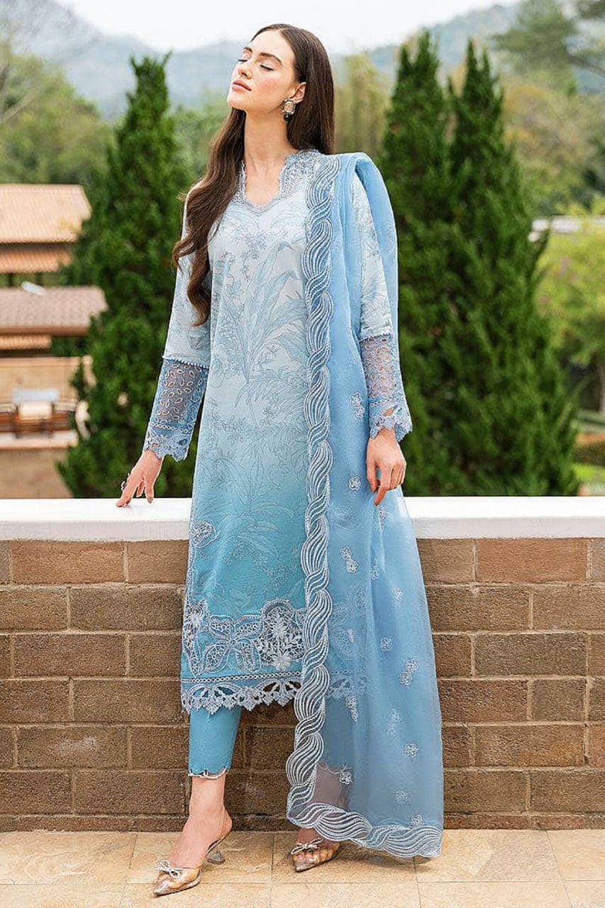 EL-MB510 Lawn Unstitched Embroidered 3pc Suit With Embroidered Organza Dupatta - ELAFF