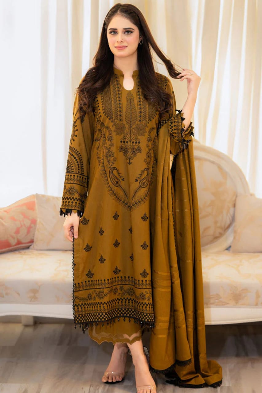 EL-MB100 Unstitched Fully Embroidered Dhanak Suit With Embroidered Dhanak Shawl - ELAFF
