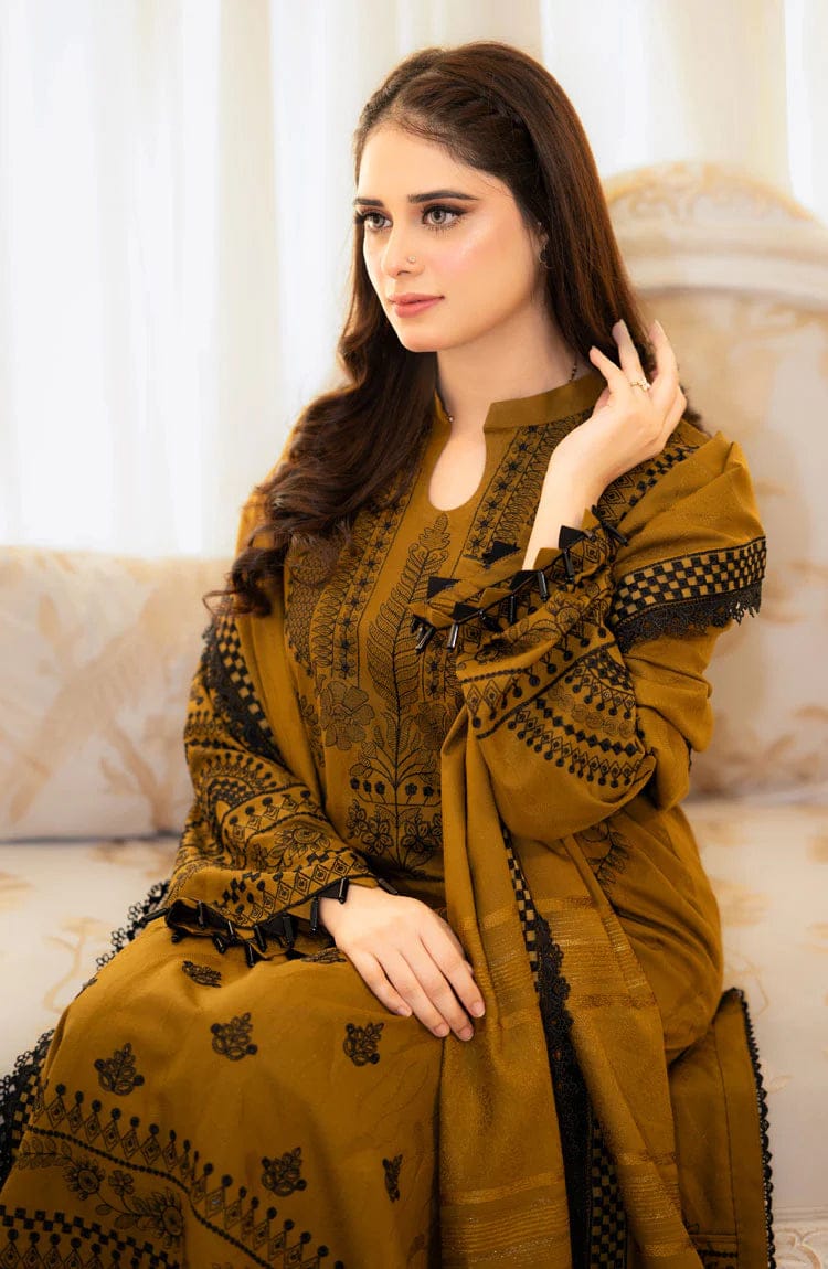 EL-MB100 Unstitched Fully Embroidered Dhanak Suit With Embroidered Dhanak Shawl - ELAFF