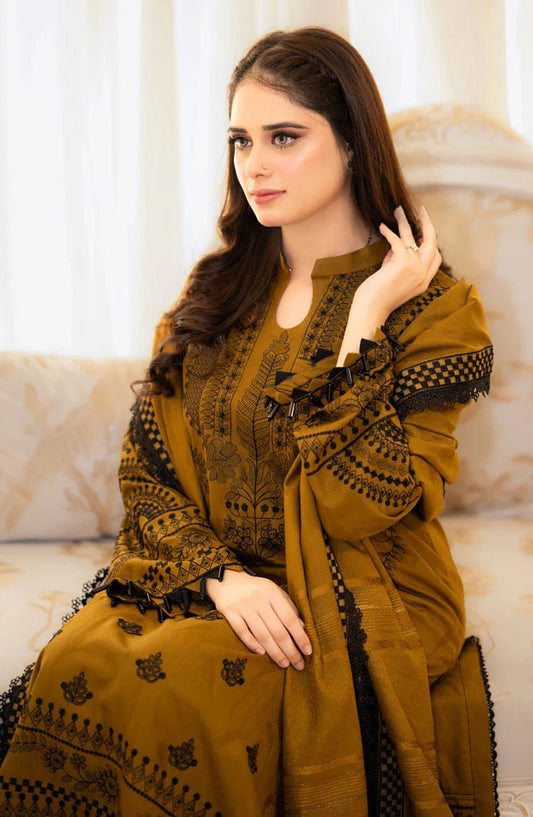 EL-MB100 Unstitched Fully Embroidered Dhanak Suit With Embroidered Dhanak Shawl - ELAFF