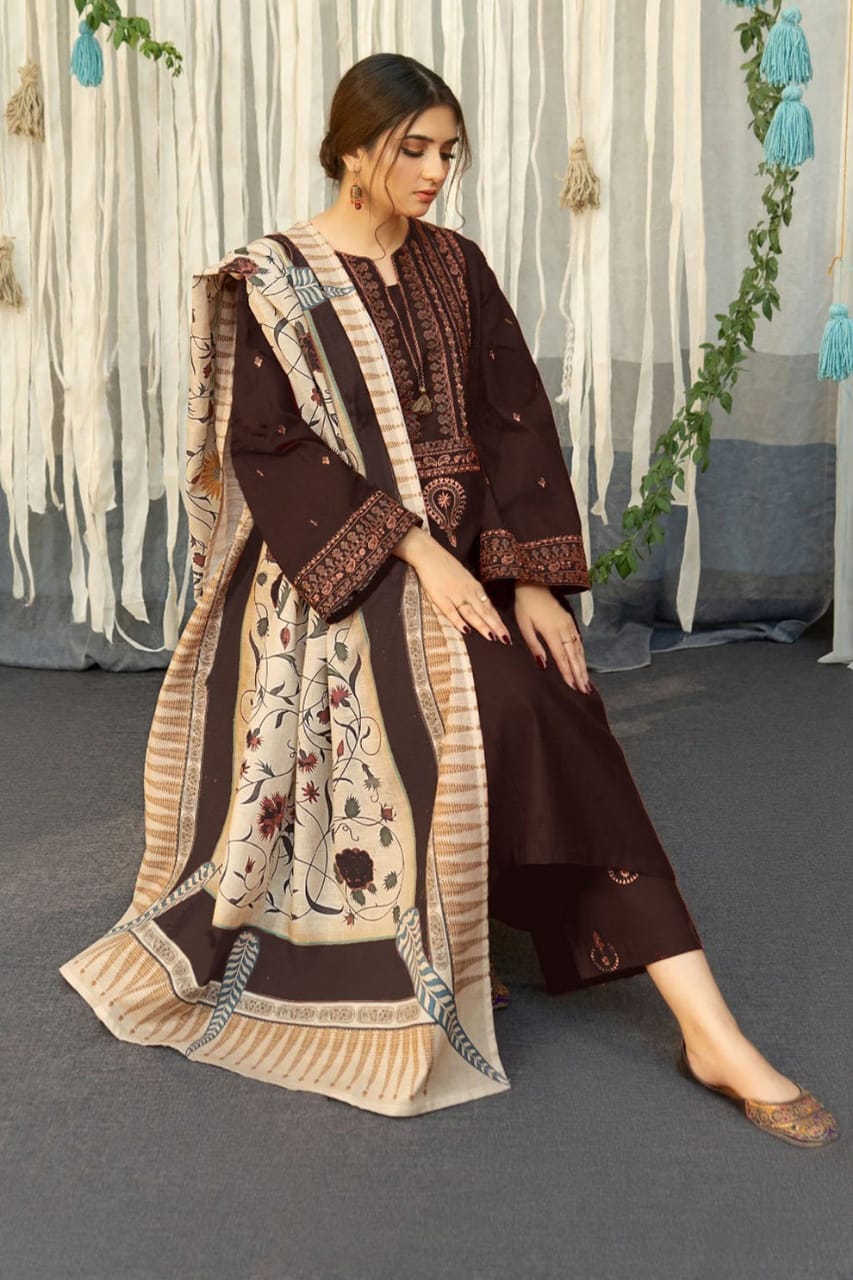 EL-845(B) Dhanak Embroidered Suit With Digital Printed Wool Shawl - ELAFF