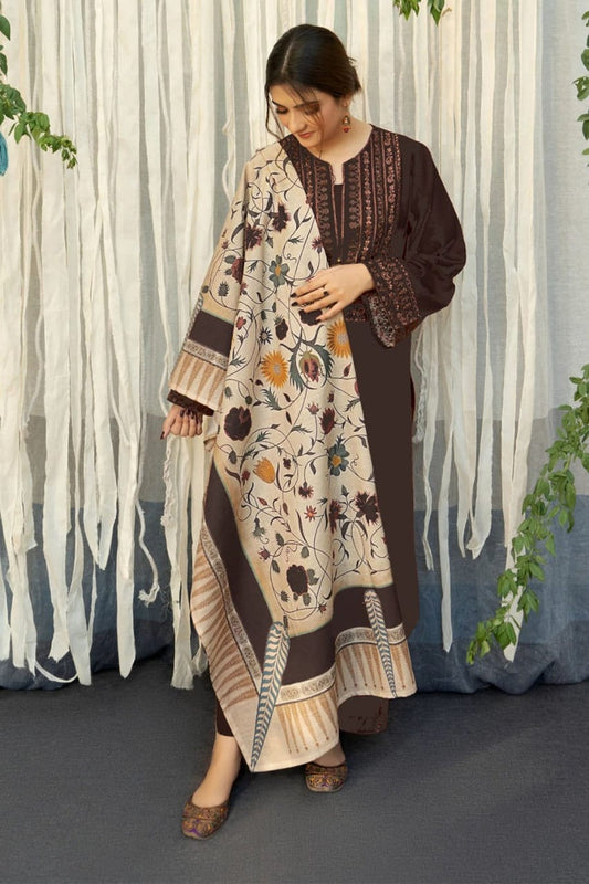 EL-845(B) Dhanak Embroidered Suit With Digital Printed Wool Shawl - ELAFF