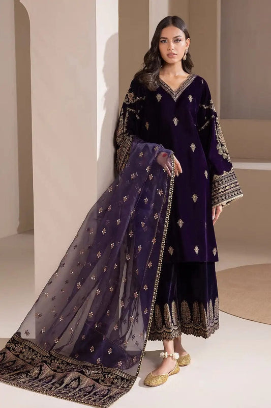 EL-1079 Embroidered 9000 Micro Velvet 3Pc With Organza Embroidered Dupatta - ELAFF