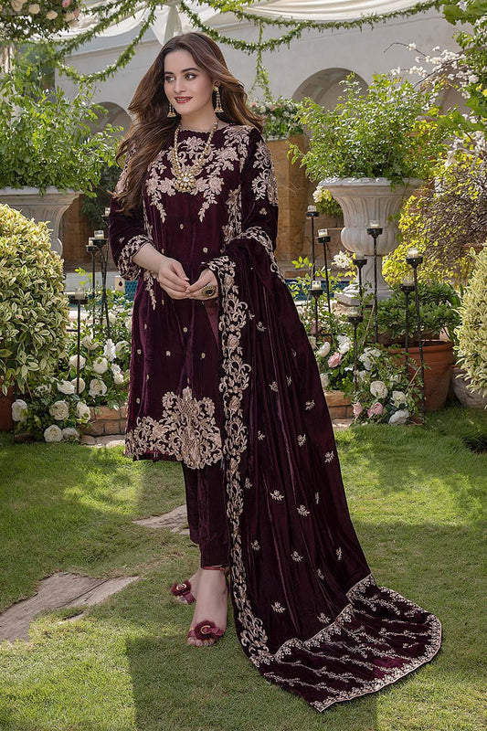 EL-1004 Sequence Embroidered Micro 9000 Gram Velvet 3Pc With Velvet Embroidered Shawl - ELAFF