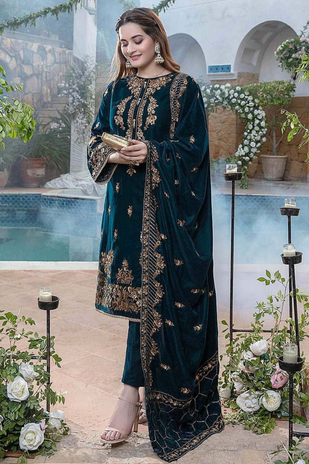 EL-1060 Sequence Embroidered Micro 9000 Gram Velvet 3Pc With Velvet Embroidered Shawl - ELAFF
