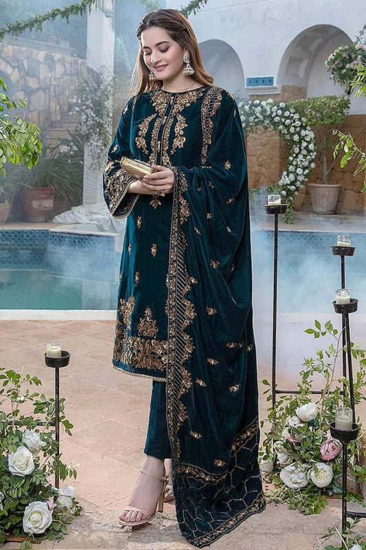 EL-1060 Sequence Embroidered Micro 9000 Gram Velvet 3Pc With Velvet Embroidered Shawl - ELAFF